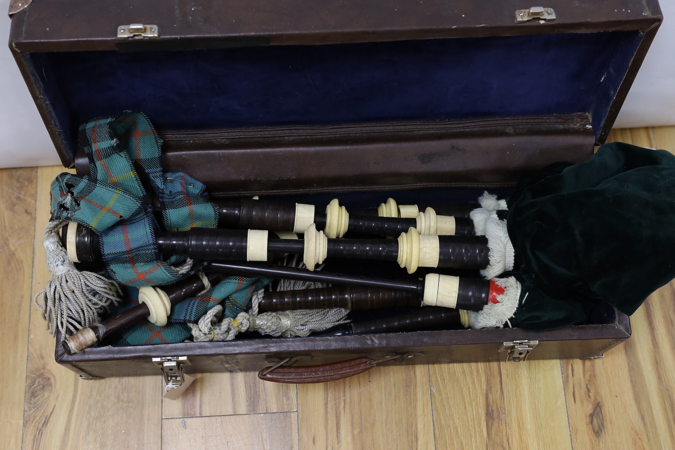 A set of bagpipes, cased.